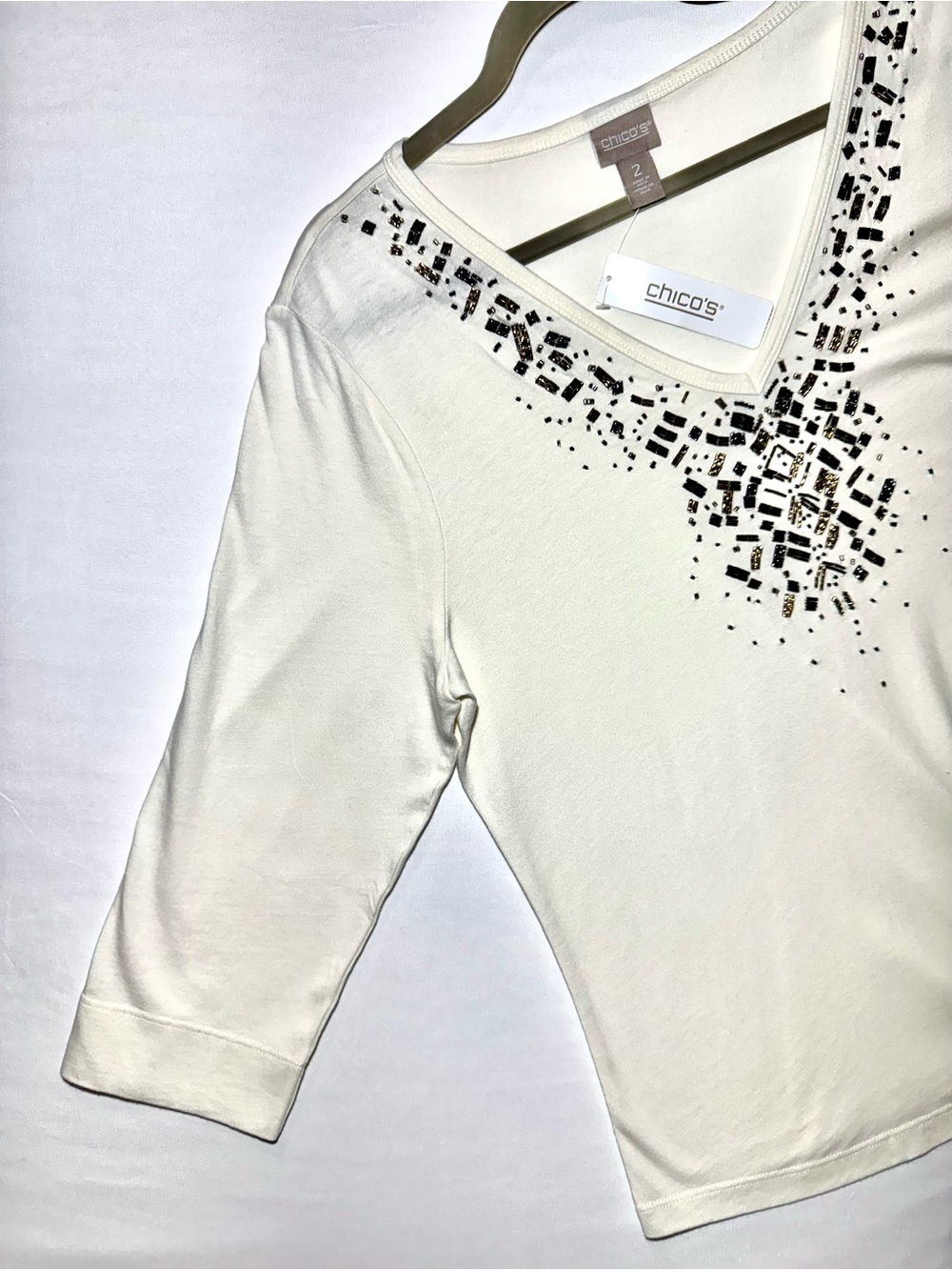 Chico's Cream V-Neck Top with Black and Gold Beaded Embellishment